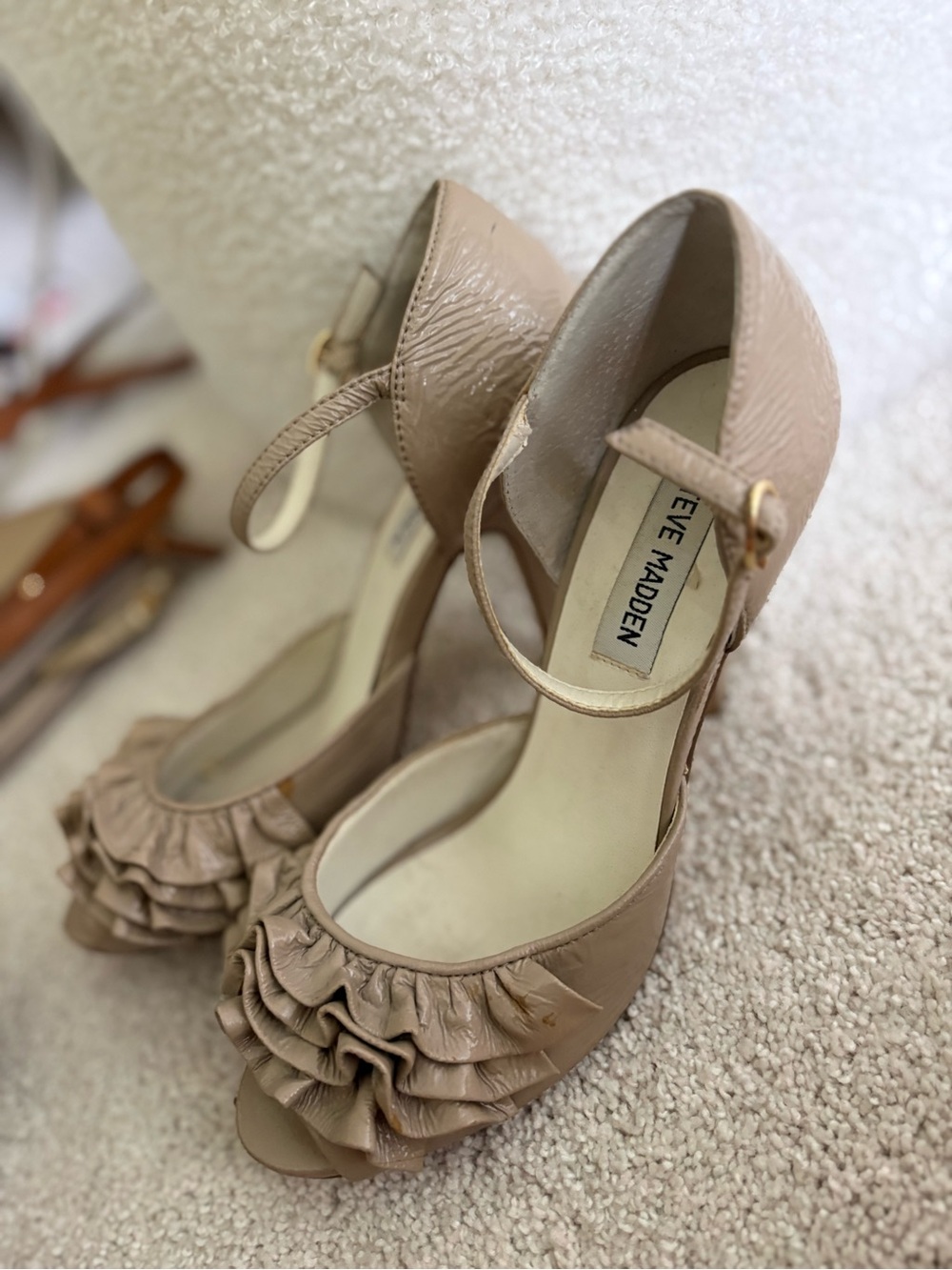 Steve Madden Beige/Tan Ruffle Peep-Toe Ankle-Strap Heels
